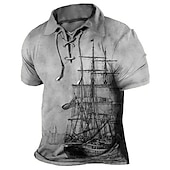 ieftine Polo vintage pentru bărbați-Bărbați Imprimeu Grafic Epocă Barcă Tricou POLO Cămașă de golf Manșon scurt Cămașă Răsfrânt În aer liber Stradă Albastru Lac Albastru piscină Maro Kaki Gri Cordon Imprimeu Îmbrăcăminte Sport Modă Șic