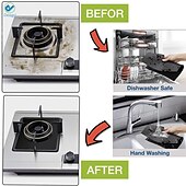 cheap Kitchen Cookware-4pcs Reusable Gas Range Protector Gas Stove Burner Safe Non-Sticky and Easy to Clean Teflon Glass Fiber Black Protective Pad for Cleaning Kitchen Tools