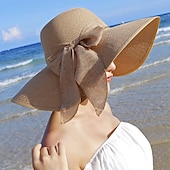 olcso Szalmakalapok-1 db női 5,5 hüvelykes nagy masnis szalmakalap nagy floppy összehajtható feltekerhető strandsapka napfénykalap upf 50
