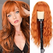 baratos Perucas de festa-Peruca Longa Ondulada Vermelha com Franja Peruca Sintética Longo Cabelo Vermelho para Mulheres Vermelho Vinho Cacheado Fantasia Peruca Borgonha para Uso em Festas Dia a Dia Perucas de Halloween