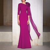 levne fialová-Mořská panna večerní šaty elegantní šaty formální šaty pro svatební hosty dlouhé rukávy 3/4 s krystalovým výstřihem pružný šifon s květinou na rameni