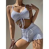 cheap Vintage Swimwear-2 pcs Swimwear Bikini Swimsuits Y2K Women&#039;s Striped Polyester Black Blue Bra Briefs