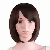billiga Festperuker-30 cm kort rak peruk för kvinnor BOB peruk Halloween cosplay festperuker