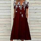 olcso Virágos ruha-Női Midi Ruha Kényelmes Ruha Tengerészkék Félujjú Virágos Zsebes Nyár Tavasz Ősz V Nyak Vakáció Mindennapi Vakáció 2023 S M L XL XXL 3XL