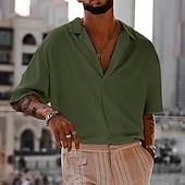 cheap Men&#039;s Button Up Shirts-Men&#039;s Shirt Cuban Collar Shirt Button Up Shirt Black White Navy Blue Brown Green Short Sleeve Plain Camp Collar Vacation Daily Clothing Apparel Cotton Cotton Blend Fashion Casual Comfortable