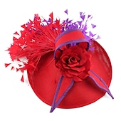 billige Coiffer-fascinators Sinamay Bryllup Kentucky Derby cocktail Retro Rød Brude Med Fjær Blomster Hodeplagg Hodeplagg