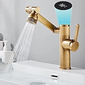 cheap Classical-Foldable Bathroom Sink Mixer Faucet LED Displayer, Vintage 360 Swivel Spout Rotatable Wash Basin Tap, Brass Retro Single Handle One Hole with Cold and Hot Water Hose