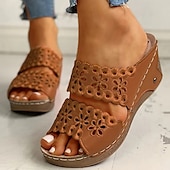 abordables Sandales Décontractées-sandales compensées noires pour femmes avec motif floral découpé – chaussures d&#039;été confortables à enfiler avec détails de couture