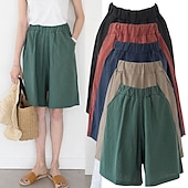 abordables Shorts de lino y algodón-Mujer Pantalones cortos de lino y algodón Perneras anchas Pantalón corto Moda Longitud de la rodilla Color sólido Bolsillos laterales Perneras anchas Comodidad Rígido Casual Diario Negro Rojo Azul