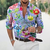 preiswerte Blumenmuster-Herren Blumen Tropische Blumen Hemd Hawaiihemd Sommerhemd Aloha-Shirt Langarm Hemd Umlegekragen Modisch Designer Brautkleider schlicht Urlaub Täglich Festtage Hellgrün Violett Purpur 3D-Druck S M L