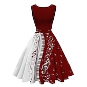 preiswerte abendkleider-Damen Retro 1950er Jahre Vintage Teekleider Midikleid Täglicher Urlaub Rüschendruck Hinweis Rundhalsausschnitt Ärmellos Schlank Sommer Frühling 2023 Schwarzwein S M L XL