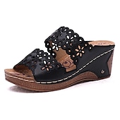 abordables Sandales Décontractées-sandales compensées noires pour femmes avec motif floral découpé – chaussures d&#039;été confortables à enfiler avec détails de couture