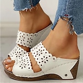 abordables Sandales Décontractées-sandales compensées noires pour femmes avec motif floral découpé – chaussures d&#039;été confortables à enfiler avec détails de couture