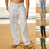 お買い得  休日-男性用 リネンパンツ ズボン サマーパンツ ビーチパンツ フロントポケット まっすぐな足 平織り 履き心地よい 高通気性 カジュアル 日常 祝日 ファッション ベーシック ブラック ホワイト