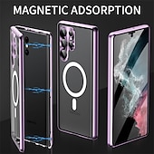 levne Pouzdra pro Samsung-telefon Carcasă Pro Samsung Galaxy S24 S23 S22 S21 Ultra Plus S25 Ultra Celý kryt Magnetické adsorpční pouzdro S Magsafe Přenosná Flip Průsvitné Průhledný Jednobarevné Slitina hliníku Plastický