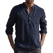 cheap Classic-Men&#039;s Linen Shirt Band Collar Shirt Summer Shirt Beach Wear Solid Color Daily Hawaiian Black White Wine Navy Blue Long Sleeve Henley Spring &amp;  Fall Clothing Apparel Collared Shirts
