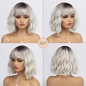 economico Parrucche trendy sintetiche-parrucche corte argento bianco per donna ombre parrucca riccia nera e grigia con frangia capelli sintetici di media lunghezza parrucca bob onda d&#039;acqua parrucche grigie colorate