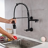 voordelige Uittrekbare sproeiers-aan de muur gemonteerde gootsteenkraan alleen koud water neerklapbare sproeier, 360 draaibare uittrekbare keukenkranen 2 sproeimodus vatwaterkraan goud zwart chroom