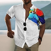 voordelige Vogels &amp; Dieren-Voor heren dier Papegaai Overhemd Hawaiiaans overhemd Aloha-shirt Korte mouw Overhemd Opstaand Modieus Ontwerper Casual Buiten Vakantie Casual Wit Geel blauw 3D-afdrukken S M L