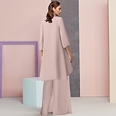 ieftine Costumele cu pantaloni ale mamei-Costum de nunta pentru plajă 3 piese matern pentru mireasă invitat formal la nuntă elegant mărime mare cu decolteu rotund lungime până la podea din chiffon cu dantelă fără mâneci cu aplicații mărime