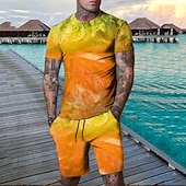 billige T-skjorter med trykk for menn-Herre Grafisk Blad Anlegg 2stk T-skjorter sett Shorts og T-skjorte sett T-skjorte antrekk Kortermet Crew-hals Designer Fritid Bekvem utendørs Feriereise Daglig 3D-utskrift 2 deler Vår sommer Bl