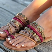billige Sandaler til kvinner-Damesandaler med bohemsk tåring, flate sandaler med flerfargede flettede stropper og myntutsmykninger, etniske slip-on sommersko for strand, festivaler og uformelle antrekk