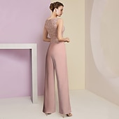 billige Mammas buksedresser-Strandbryllup Jumpsuit  Buksedrakt 3-delt Mor til bruden Formell Bryllupsgjest Elegant Firkantet hals Gulvlengde Chiffon Blonde Uten ermer Wrap inkludert med Applikasjoner fri tilpasset størrelse