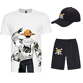 cheap Cartoon &amp; Movie Character Graphic-Three Piece Printed T-Shirt Shorts Baseball Caps Co-ord Sets One Piece Monkey D. Luffy Graphic Outfits &amp; Matching For Men&#039;s Adults&#039; Casual Daily Running Gym Sports