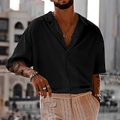 cheap Men&#039;s Button Up Shirts-Men&#039;s Shirt Cuban Collar Shirt Button Up Shirt Black White Navy Blue Brown Green Short Sleeve Plain Camp Collar Vacation Daily Clothing Apparel Cotton Cotton Blend Fashion Casual Comfortable