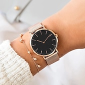 رخيصةأون ساعات كوارتز-ساعة كواتز أنالوج النسائية الكلاسيكية الفاخرة ذات السوار الفولاذي الذهبي الوردي من العلامة التجارية الراقية، هدية مثالية لساعات المعصم النسائية