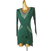 preiswerte Kleidung für lateinamerikanische Tänze-Tanz-Salsa-Latin-Tanzkleid mit Fransen, Quasten, Kristallen/Strasssteinen, Damen, Performance-Training, lange Ärmel, Chinlon