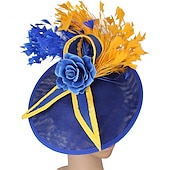 billige Coiffer-fascinators Sinamay Bryllup Kentucky Derby cocktail Retro Rød Brude Med Fjær Blomster Hodeplagg Hodeplagg