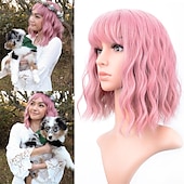 voordelige Feestpruiken-Pastel Golvende Perkament Met Luchtponny Vrouwen Korte Bob Paarse Roze Krullende Schouderlengte Bob Synthetische Dagelijkse Gebruik Kleurrijke Cosplay Perkament voor Meisjes Halloween Perkamenten