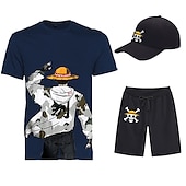 cheap Cartoon &amp; Movie Character Graphic-Three Piece Printed T-Shirt Shorts Baseball Caps Co-ord Sets One Piece Monkey D. Luffy Graphic Outfits &amp; Matching For Men&#039;s Adults&#039; Casual Daily Running Gym Sports