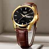 preiswerte Quarz-Uhren-Herren Quarz Uhr Luxus Geschäftliche Armbanduhr Analog Leuchtender Kalender Datum Woche Wasserdichte PU Leder Uhr