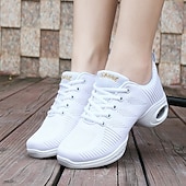 voordelige Danssneakers-Witte mesh ademende jazzdanssneakers voor dames – lichtgewicht veterschoenen met luchtkussen voor fitness, zumba, hiphop en training