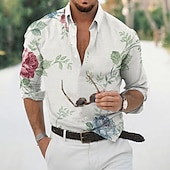preiswerte Blumenmuster-Herren Blumen Hemd Langarm Sport Modisch Strassenmode Outdoor Casual Täglich Herbst Winter Umlegekragen Bedruckt Button-Down Schwarz Weiß Rosa Dunkelgrün Beige