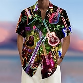 billiga Musik och gitarrer-Herr Musik Guitarr Rock and Roll Skjorta Hawaii skjorta Knapp upp skjorta Kort ärm Mode Streetwear Designer Utomhus Gata Ledigt Sommar Vår Nedvikt Mönster Aprikos Gul Blå Grön Regnbåge
