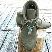 baratos Botas de tornozelo-Botas femininas de cano curto mocassim de couro sintético com detalhes de penas e contas, calçados casuais confortáveis para uso ao ar livre e no dia a dia