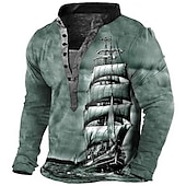 cheap Vintage&amp;Retro-Men&#039;s Graphic Ship Henley Shirt Tee Long Sleeve 3D Print Vintage Fashion Designer Outdoor Casual Daily Spring &amp;  Fall Blue Brown Green Gray Henley Henley T-Shirt