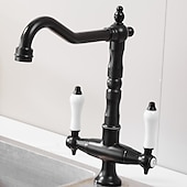 cheap Classical-Twin Lever Traditional Kitchen Sink Mixer Taps, Dual Lever Cold and Hot Faucet Deck Mounted, 360° Swivel Spout Sink Tap with 2 Ceramic Handles, Antique Brass Classic Double Handle for Kitchen Bathroom