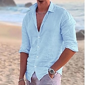 abordables Vacances-Homme Chemise Chemise Lin Chemisette Chemise d&#039;été Tenues de plage Chemise boutonnée Couleur unie Extérieur Vacances Noir Blanche Rose Claire Bleu manche longue Col rabattu Printemps été Vêtement