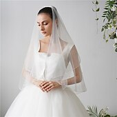 baratos Véus de Noiva-Duas Camadas Com Pérolas Véus de Noiva Véu Ponta dos Dedos com Perola Imitação 84,65 cm (215 centímetros) Tule