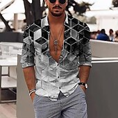 economico Geometrica-Per uomo Geometrica Geometria Camicia Camicia con bottoni Manica lunga Di tendenza Originale Informale Esterno Da mare Giornaliero Primavera estate Colletto alla coreana Stampa 3D Bottone giù Nero