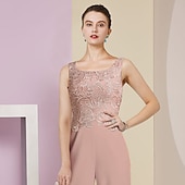 billige Mammas buksedresser-Strandbryllup Jumpsuit  Buksedrakt 3-delt Mor til bruden Formell Bryllupsgjest Elegant Firkantet hals Gulvlengde Chiffon Blonde Uten ermer Wrap inkludert med Applikasjoner fri tilpasset størrelse