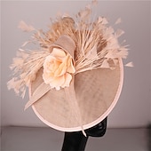 billige Coiffer-fascinators Sinamay Bryllup Kentucky Derby cocktail Retro Rød Brude Med Fjær Blomster Hodeplagg Hodeplagg