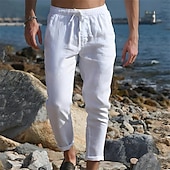 cheap Holiday-Men&#039;s Linen Pants Trousers Summer Pants Pocket Drawstring Plain Comfort Breathable Ankle-Length Casual Daily Going out Simple Casual Black White Micro-elastic