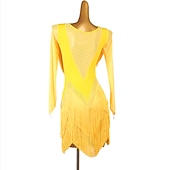 preiswerte Kleidung für lateinamerikanische Tänze-Tanz-Salsa-Latin-Tanzkleid mit Fransen, Quasten, Kristallen/Strasssteinen, Damen, Performance-Training, lange Ärmel, Chinlon