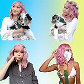 voordelige Feestpruiken-Pastel Golvende Perkament Met Luchtponny Vrouwen Korte Bob Paarse Roze Krullende Schouderlengte Bob Synthetische Dagelijkse Gebruik Kleurrijke Cosplay Perkament voor Meisjes Halloween Perkamenten