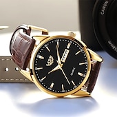 preiswerte Quarz-Uhren-Herren Quarz Uhr Luxus Geschäftliche Armbanduhr Analog Leuchtender Kalender Datum Woche Wasserdichte PU Leder Uhr